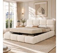 Lit double 160 x 200 cm - Blanc - Bouclé - Lit hydraulique - Espace de | La tête de lit rembourrée offre un confort lors de la lecture et de la détente