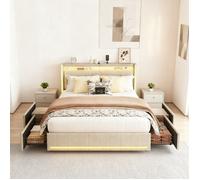 Lit double 160 x 200, lit adulte 160x200 avec 4 tiroirs, avec port USB et LED, cadre de lit, avec tete de lit, matière lin, beige