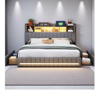 Lit Double 160x200 avec 4 Tiroirs + Coffre Tête, Tissu Lin Gris, LED RVB Tête-Pied, USB-C Prise EU, Moderne High-Tech