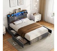 Lit Double 160x200 avec 4 Tiroirs, Lit Rembourré avec LED et Ports USB, Tête de Lit Capitonné avec Étagères Ouvertes et Rangement Caché, Sommier à Lattes, Velours, sans Matelas (Gris C, 160*200)