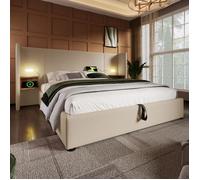 Lit Double 160x200 avec Table de Chevet Intégrée et Prise USB-C - Structure en Bois et Métal - Tête de Lit Beige Lin(sans Matelas)