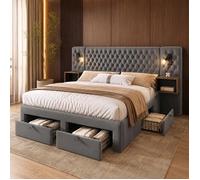 Lit Double 160x200 cm avec 2 Tables de Nuit et 4 Tiroirs, Lit Adulte Tête de Lit avec Fonction de Chargement USB, Gris, Velours
