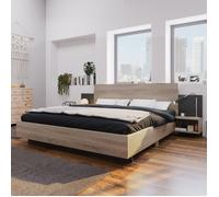 Lit double 160x200 cm avec 2 tables de nuit - Système de lit en bois chêne Sonoma/gris foncé - 205.5x235x76.5 cm , Sans Matelas