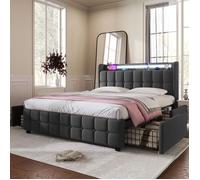 lit double 160x200 cm avec chargement USB Éclairage LED et 4 tiroirs,lit adulte rangement cadre de lit sommier à lattes,en lin,gris