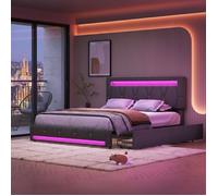 Lit Double 160x200 cm avec LED, Cadre de Lit Rembourré avec 4 Tiroirs, Tête de Lit Réglable en Hauteur, pour Adulte, Lin, Gris