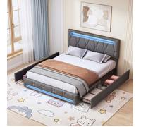 Lit double 160x200 cm avec LED et 4 tiroirs, lit adulte avec rangement, lit 2 personnes avec sommier, lit capitonné, tissu lin gris