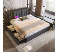 Lit double 160x200 cm avec recharge sans fil, ports USB-C, 4 tiroirs et niches de rangement - ELVMI - en lin gris
