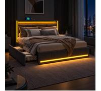 Lit double 160x200 cm avec sommier, lit en lin gris avec chevet, LED et USB, 4 tiroirs