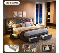 Lit Double 160x200 cm avec Tête de Lit LED USB, 2 Chevet et 4 Tiroirs de Rangement, Lit 2 Places Velours Gris
