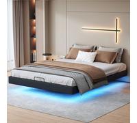 Lit double 160x200 cm beige design flottant avec LED, cadre en métal, sommier à lattes en bois, sans tête de lit, avec espace de rangement