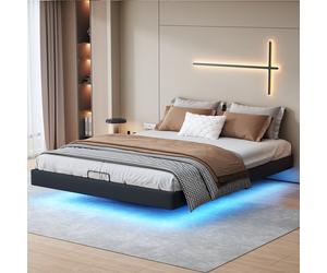 Lit double 160x200 cm beige design flottant avec LED, cadre en métal, sommier à lattes en bois, sans tête de lit, avec espace de rangement