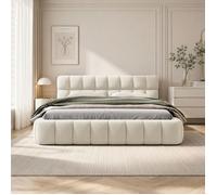 Lit Double 160x200 cm en Lin Beige, Design Capitotté à 9 Panneaux, Tête de Lit et Pied de Lit Ondulés