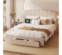 Lit double 160x200 cm en tissu teddy beige – Tiroirs de rangement au pied du lit et ports USB intégrés