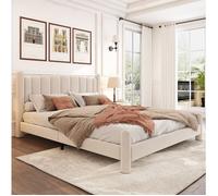 Lit Double 160x200 cm en Velours Beige, Tête de Lit Ondulée, Sommier à Lattes Renforcé, Pieds Cylindriques