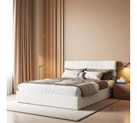 Lit double 160x200 cm en velours Teddy avec LED, coffre de rangement à vérin, ports USB sur les côtés, design moderne et confortable
