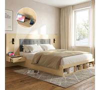 Lit double 160x200 cm, lit avec rangement, lit en bois, lit pour adolescents, équipé d'une station de chargement USB et Type-C ainsi que d'une lampe de lecture, avec 2 tables de chevet, en bois de chê