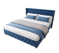 Lit Double 160x200 cm - Lit Capitonné avec Tête Élégante et Sommier 12 Lattes - Velours - Sans Matelas - Bleu