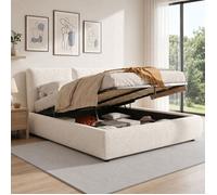 Lit Double 160x200 cm - Lit Coffre Hydraulique - Sommier - Tête de Lit Rembourrée, Grand Rangement - Bou eige