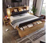 Lit double 160x200 cm matelas, tête-lit escamotable, tables chevet, banco USB, chêne