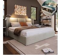 Lit double 160x200 cm - RAVAS - Avec lampe de lecture - Sommier hydraulique - Gris - Scandinave