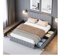 Lit double 160x200 - Lit coffre - 4 tiroirs intégrés - Design industriel moderne - Rangement optimisé