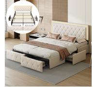 Lit double 160x200 - LUMINARIX - Beige - Rembourré avec 4 tiroirs - LED intégrée - Design scandinave