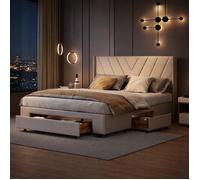 Lit double 160x200cm avec 3 tiroirs en bois massif, lit adulte avec sommier à lattes, lit capitonné avec rangements, lin, beige