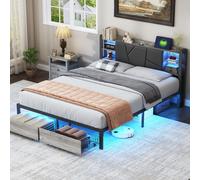 Lit double 160x200cm - Lit adulte LED en métal avec 2 tiroirs et tête de lit avec port de charge - Gris