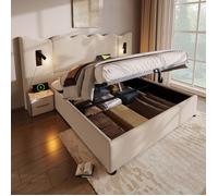 Lit double 180×200 avec lampe de lecture et fonction de chargement USB type - C, cadre de rangement avec base en bois massif et la