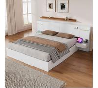 Lit double 180×200 cm - URTR - tête lit intelligent - USB - Bluetooth - horloge - LED - 2 chevets inclus - Blanc