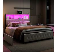 Lit double 180 x 200 cm, 4 tiroirs, ports USB/Type-C, éclairage LED, sommier à lattes, velours beige.