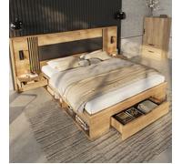 Lit double 180 x 200 cm avec rangement chevets integres 2 liseuses orientables tete rembourree PU MDF ORVRYN