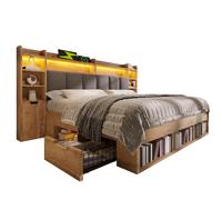 Lit double 180 x 200 cm chêne avec LED, rangements et ports USB
