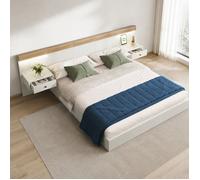 Lit double 180 x 200 cm EVRYAE avec sommier à lattes 2 chevets LED suspendus USB-C blanc et chêne Sonoma