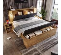 Lit double 180 x 200 cm, lit en bois avec tête de lit rabattable, espace de rangement, deux tables de chevet, banc de lit avec espace de rangement, lampes de lecture avec port USB, sommier à lattes, s