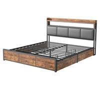 Lit double 180 x 200 cm - Sommier métallique avec rangement - Éclairage LED - 4 tiroirs - Tête de lit avec rangement - Style industriel - Marron