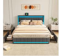 Lit double 180 x 200, lit adulte 180x200 avec 4 tiroirs, avec port USB et LED, cadre de lit, avec tete de lit, lin, Gris foncé