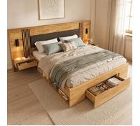 Lit double 180x200 cm en bois avec rangements, 2 tables de chevet, tiroirs et lampe de lecture, sommier inclus, naturel