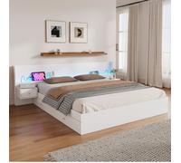 Lit double 180x200 cm en bois, Lit coffre avec port USB et tiroir de rangement, LED et prise électrique, 2 tables de chevet, blanc