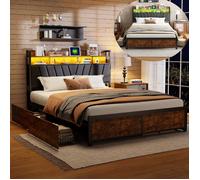 Lit double 180x200 cm en métal - Noir - 4 tiroirs - LED - Design industriel moderne