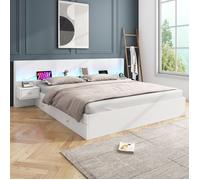 Lit double 180x200 cm EVRYAE - prises USB, LED par application mobile et 2 chevets, rangement sous lit, sans Matelas - Blanc