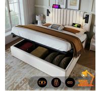 Lit double 180x200 cm - LANGTU - Design rivets - Tête réglable - Coffre de rangement - Lampe lecture + USB-C
