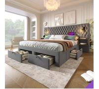 Lit double 180x200 gris en velours tête capitonnée avec LED et ports USB chevets intégrés