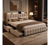 Lit double 180x200, lit avec rangement, lits avec éclairage LED et 4 tiroirs, lit capitonné avec rangement, lit pour adolescents avec fonction de charge USB intégrée dans la tête de lit, sommier à lat