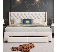 Lit Double 180x200, Lit Coffre avec Tiroirs et Rangement, LED RGB Réglable, 2 Ports USB, Velours Blanc, Confort King Size