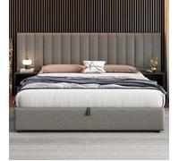 Lit Double 180x200 Rembourré À Oreilles - Système Hydraulique avec 2 Tables de Chevet - Sommier Lattes Bois Gris et sans Matelas