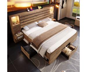 Lit double 180x200cm avec spots LED encastrés, lit 2 places port USB Type-C,une table de chevet suspendue,3 tiroirs,lit adult,Chêne