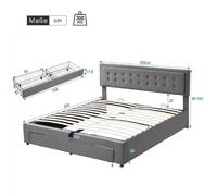 Lit double 180x200cm en velours avec grand tiroir, décor avec boutons, sommier à lattes inclus,lit rembourré style scandinave, gris