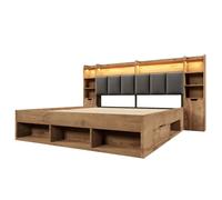 Lit double 180x200cm finition chêne tête capitonnée LED chevets USB-C rangement tiroirs sommier lattes bois Sans Matelas