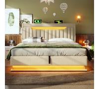 Lit Double 180x200cm Lin,LED RGB 60 Couleurs App,Têtière USB-C Rapide,Fer Anti-Bruit Beige